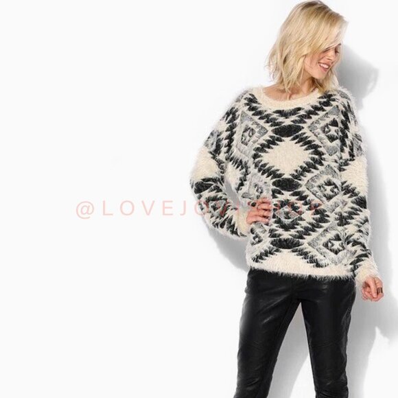 Dex 1963 Aztec Inspired Southwestern Sweater | Black & White Fuzzy Mohair Knit - Picture 10 of 10